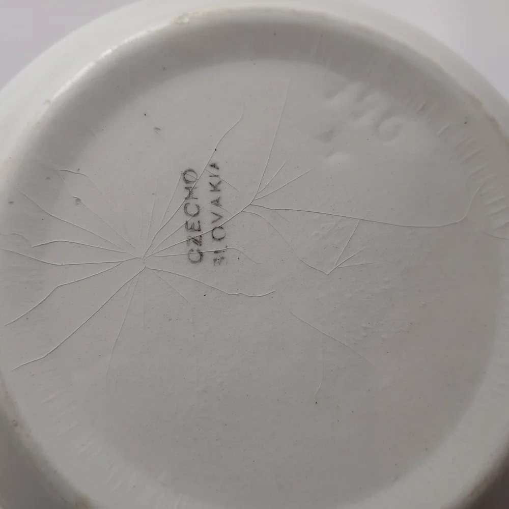 Czechoslovakia Art Deco Ceramic Bowl White With Blue Cherries 5 7/8